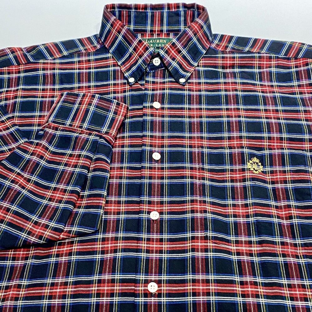 Vintage Lauren Ralph Lauren Mens M Button Down Tartan Plaid Black Red Crest Logo